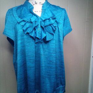 Soulmates Blouse 3X Short Sleeve Ruffle V-Neck Blue Black